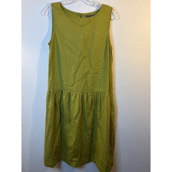 Gudrun Sjoden Dresses & Skirts - GUDRUN SJODEN Chartreuse Green Linen cotton Embroidered Drop Waist Dress S